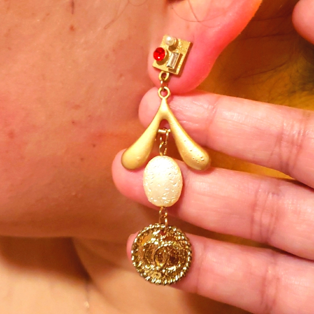 Fancy Designer Style Faux Pearl and Rhinestone Dangle Earrings